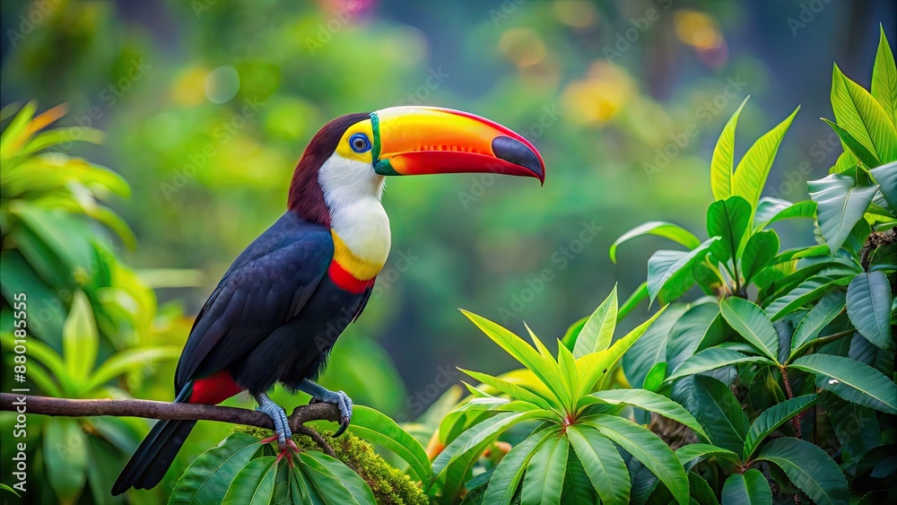 Sticker Toucan with colorful bill perched in lush treetops scanning for food, toucan, bird, wildlife, colorful, exotic