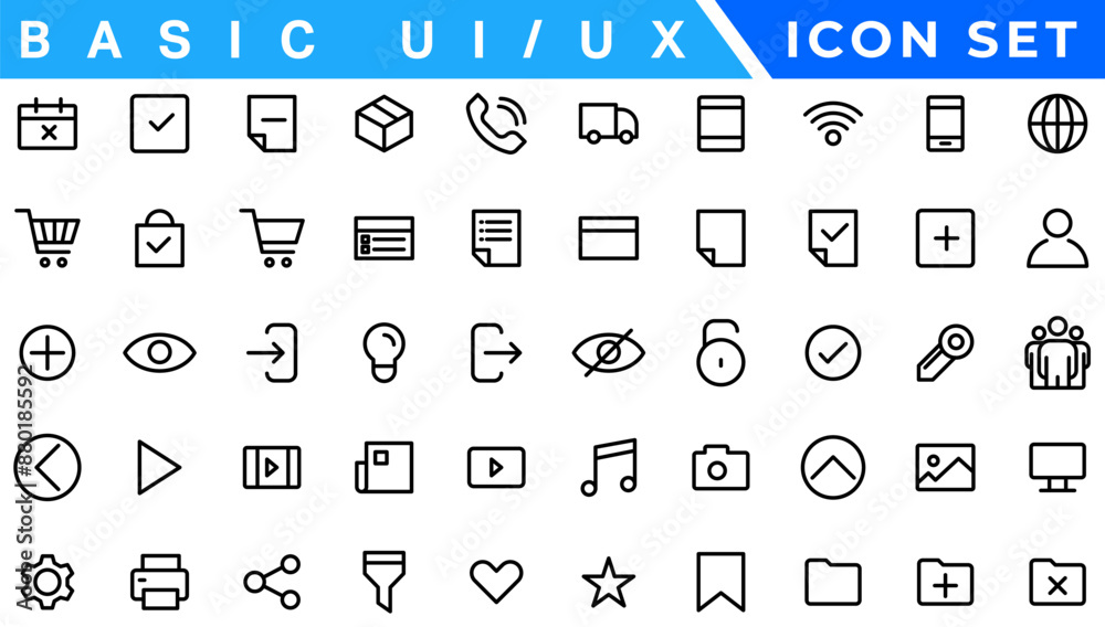 Poster User Interface Icons Collection, Basic ui ux icon set. Set icon of user interface. Vector illustration. editable stroke.. Pixel perfect