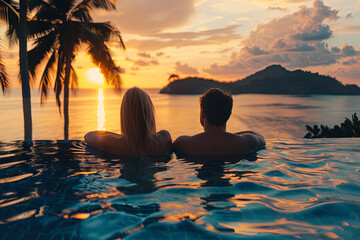 Young couple travelers relaxing by a tropical resort pool, enjoying the sunset during a summer vacation