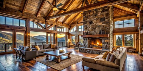 Rustic mountain lodge with wooden beams and stone fireplace, mountain lodge, rustic, cabin, cozy, wooden beams