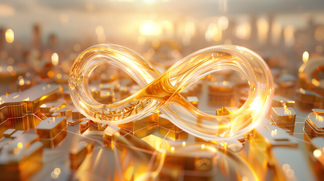 A golden crystal infinite symbol on a miniature cityscape background