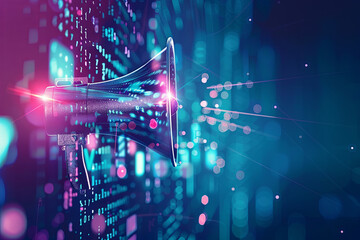 Digital megaphone in virtual space, advertising and marketing campaign concept background