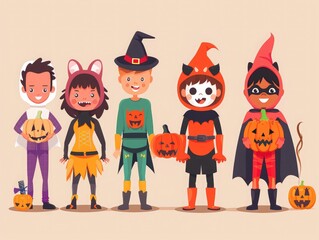 Halloween costumes, kids in DIY outfits with face paint, flat design illustration