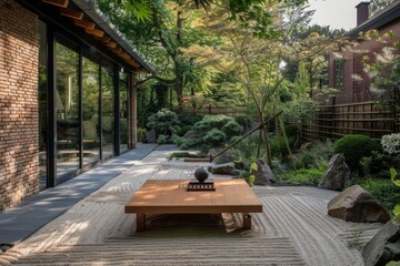 Zen Garden with Wooden Table and Teapot