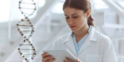 Doctor analyzing human DNA on tablet using virtual interface for genetic analysis. Concept Medical Technology, Genetic Analysis, Virtual Interface, DNA Research, Tablet Usage