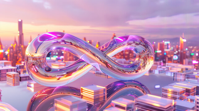 A purple crystal infinite symbol on a miniature cityscape background