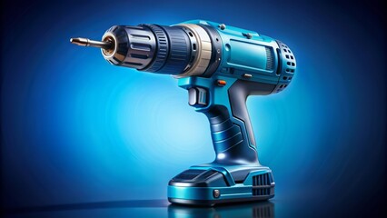 Isolated automatic screwdriver drill on a vibrant blue background, with intricate mechanical components visible, depicting precise pattern repair equipment.