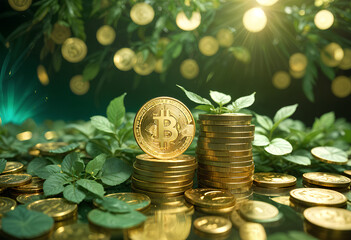 Stacks of gold bit coins with a small plant, against a green background with light rays