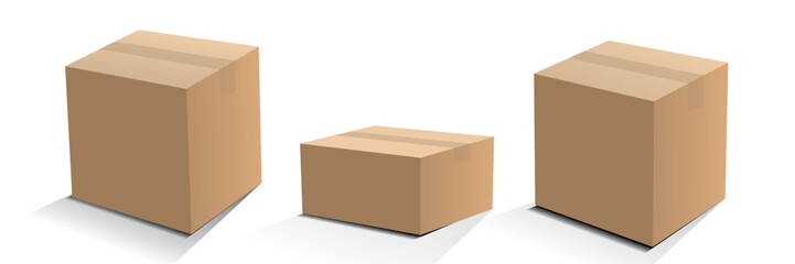  carton vector with brown color as delivery houshold cardboard threedimensional box, for moving, packaging or packing some product in object transportation. Isolated on white background.