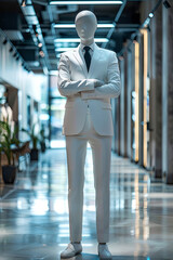 Fototapeta premium Confident mannequin businessman standing with crossed arms in a modern office setting, symbolizing professionalism and corporate culture