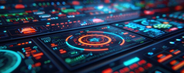 Obraz premium Cybersecurity dashboard, holographic interface, real-time threat monitoring.copy space for text, focus cover all odject, deep dept of field