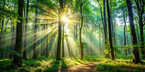 Fototapeta premium Sunlight streaming through trees in a lush forest , Nature, sunlight, trees, forest, sunlight through trees, summer, vibrant