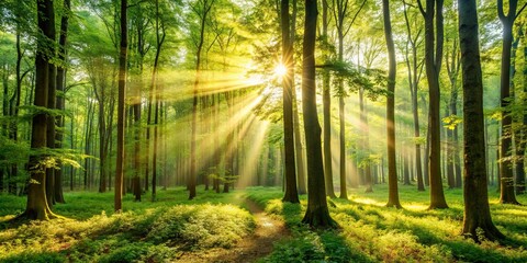 Obraz premium Sunlight streaming through lush trees in a peaceful forest, sunlight, trees, nature, forest, tranquility, peaceful, serene