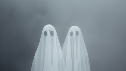 Ghostly pair at a Halloween party, their ethereal costumes highlighted by dim, atmospheric lighting, enjoying the spooky festivities