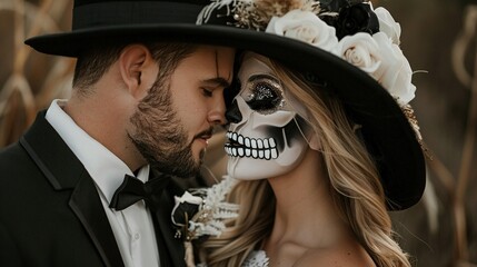 Glamorous Halloween gala with a couple dressed in themed attire, elegant decorations and a spooky yet sophisticated setting, perfect for a chic soiree