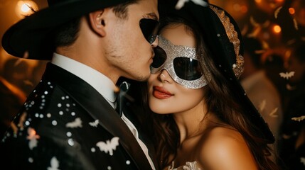 Glamorous Halloween soiree with a couple in stunning costumes, immersed in the lively atmosphere of a high-profile partners' event