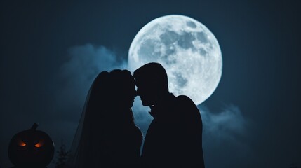 Halloween bash under a moonlit sky, a pair of revelers in festive costumes, eerie decorations enhancing the spooky ambiance
