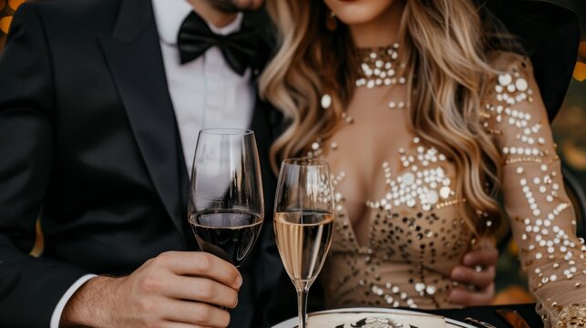 Glamorous Halloween gala with a couple dressed in themed attire, elegant decorations and a spooky yet sophisticated setting, perfect for a chic soiree