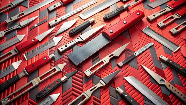 Assorted sharp construction knives and blades of various shapes and sizes scattered on a vibrant red geometric background pattern. - Powered by Adobe