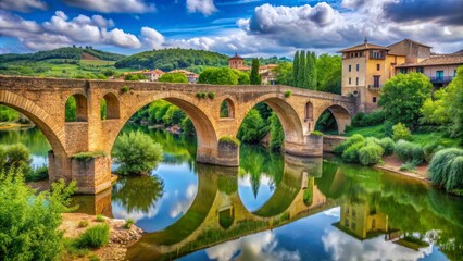 Fototapeta premium Ancient medieval Romanesque bridge Puente la Reina spans tranquil Arga River surrounded by lush greenery in picturesque Gares, Navarre, Spain.