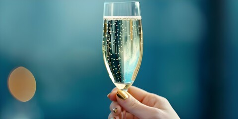 Elegant celebration Woman's hand holding champagne glass in upscale private club. Concept Elegant Event, Champagne Toast, Celebratory Moment, Private Club Setting, Classy Atmosphere