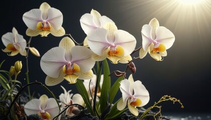 Naklejka premium White Orchid Flowers with Sun Rays.