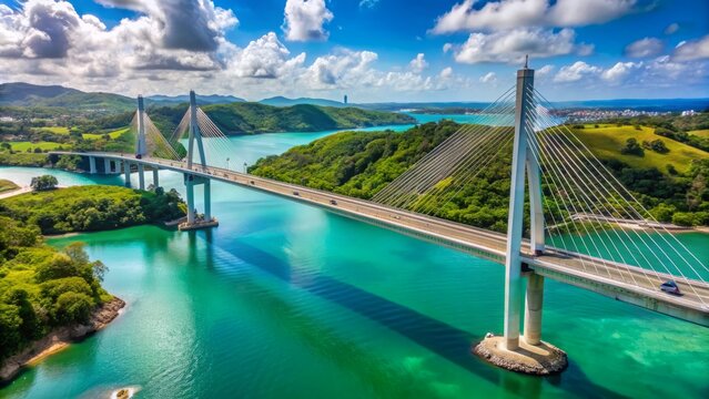 Panoramic view of modern Naranjito Cable-stayed Bridge spanning serene turquoise waterway connecting Naranjito and Bayamon in Puerto Rico landscape.