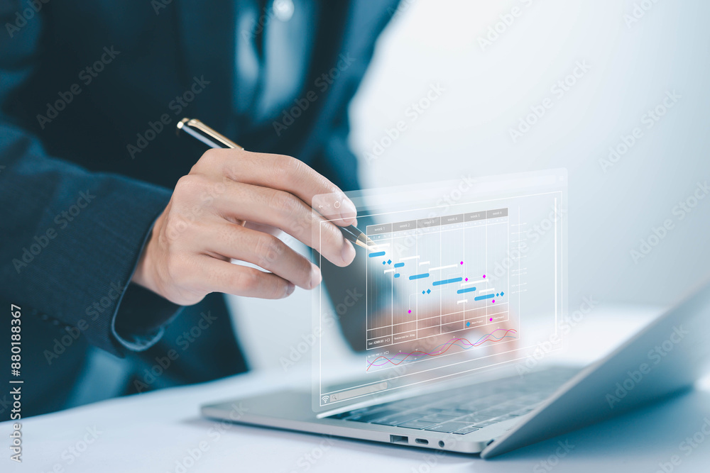 Poster managing milestones on a timeline gantt chart in technology online. concept of project planner in so
