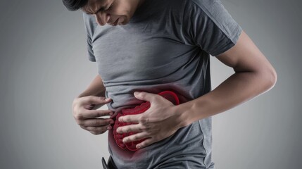 A man experiences abdominal pain, highlighting gut health issues. Emphasis on discomfort shown with red overlay. Neutral grey background.
