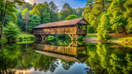 Fototapeta premium Rustic wooden covered bridge surrounded by lush greenery and reflected in calm waters of a serene rural Georgia landscape.