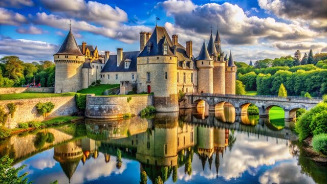 Majestic medieval fortification with grandiose towers, ornate turrets, and picturesque moat surrounded by lush greenery and tranquil Loire River