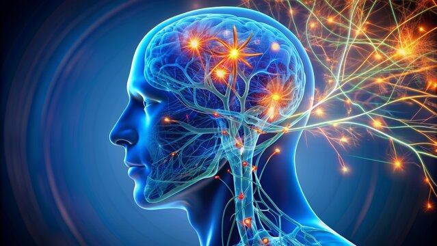 3D blue anatomical silhouette of a human head highlighting brain synapses, neurons, and cerebral structures affected by pain and disorders.