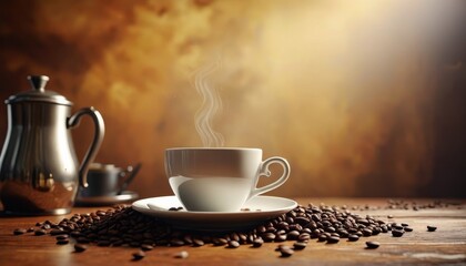 Coffee cup with steam and coffee beans on wooden table.
