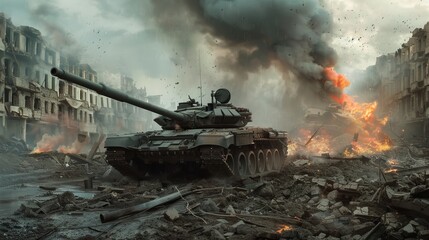 armored tank shooting of a battle field in a war