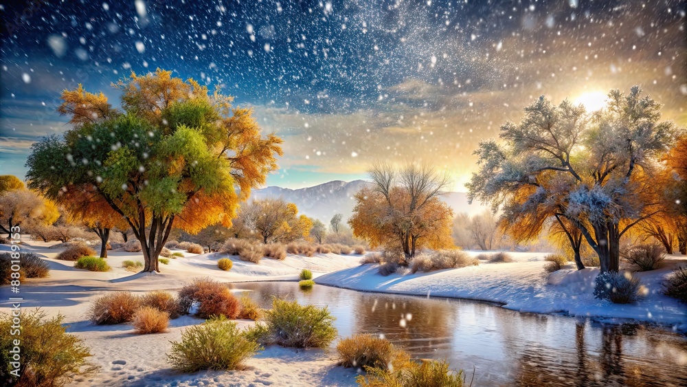 Poster Snow falling in the desert oasis surrounded by colorful, vibrant trees, snowfall, desert, oasis, vibrant trees, nature, winter