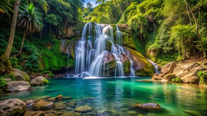 Majestic torrent of crystal clear water cascades down rocky slope amidst lush greenery at Waterfall Las Delicias in Ciales Puerto Rico.