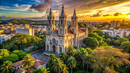 Obraz premium Majestic Catholic cathedral with striking Gothic Revival architecture stands alone amidst lush greenery in vibrant Puerto Rican cityscape morning light.