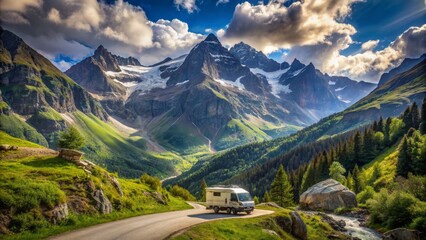 Obraz premium Serenely parked camper van surrounded by majestic mountain peaks and lush greenery on winding road near Col de l'Iseran France.