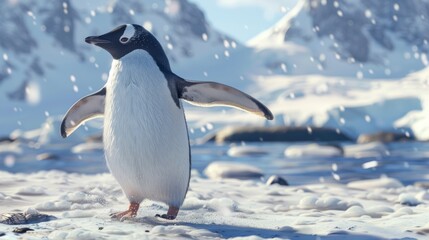 Fototapeta premium Charming animated penguin standing on snowy terrain with mountains in the background and snowflakes falling gently.