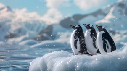 Obraz premium Three penguins on an iceberg in Antarctica with a snowy landscape and blue sky in the background.