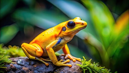 Naklejka premium Vibrant yellow frog in the jungle, frog, yellow, jungle, wildlife, rainforest, exotic, environment, tropical