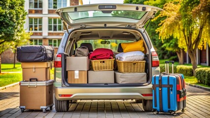 Busy college relocation scene with many suitcases, bags, and boxes stacked on car backseat, trunk, and roof, ready for moving in.