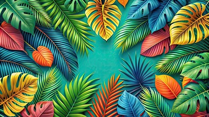 Naklejka premium Tropical leaves pattern with vibrant colors for a summer exotic trendy background, exotic, tropical, leaves, foliage, vibrant