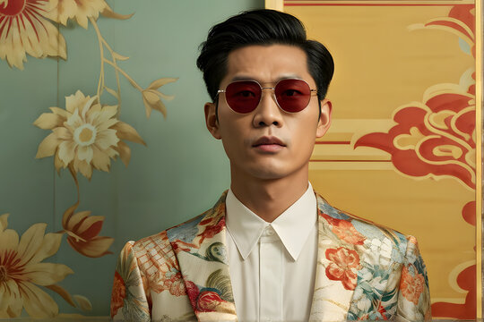 A man wearing a floral print suit and sunglasses