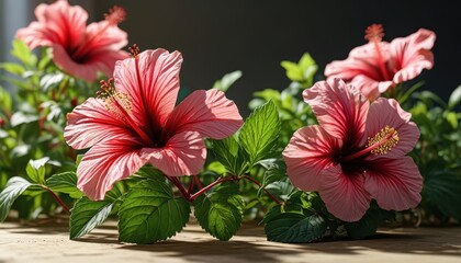 Pink Hibiscus Flowers on Wooden Background.