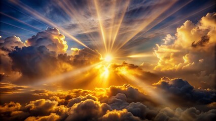 Fototapeta premium Majestic radiant beam of light piercing through dark turbulent clouds, illuminating the sky with an otherworldly golden glow atmosphere.