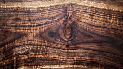 Fototapeta premium A fragment of a hardwood walnut wooden panel showcases its rich, dark brown color and distinctive grain pattern.