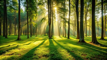 Obraz premium Trees casting a shadow in a peaceful forest setting , nature, trees, shadows, forest, tranquil, serene, peaceful
