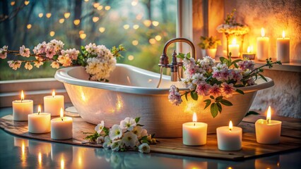 Ethereal still life of luxurious bath setting with delicate flowers, soft candlelight, and pristine water, evoking serene pampering ambiance.
