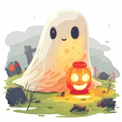 Obraz premium Cute cartoon ghost and jack-o'-lantern in a spooky Halloween scene. Colorful and fun illustration.